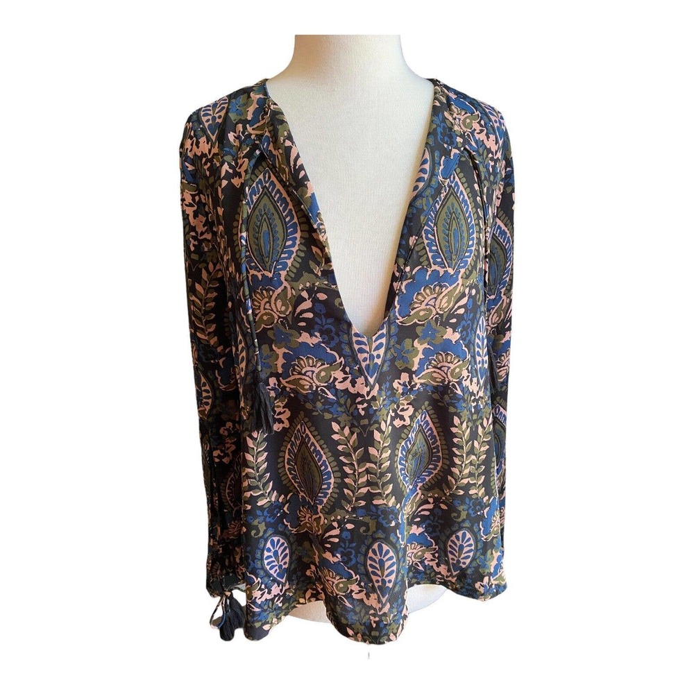 Olivaceous Women's Paisley Blouse Tassel Long Sleeve Top Size Large